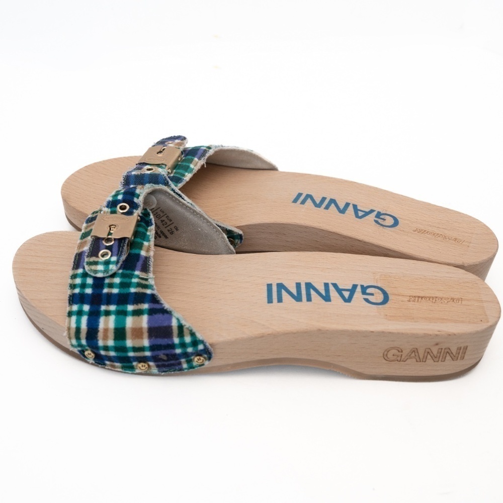 Ganni X Scholl. Wooden Clogs in Check Blue Iris. - Picture 6 of 11